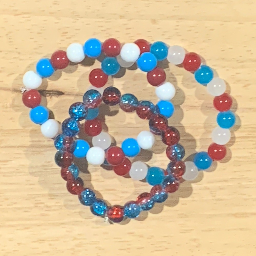 Handcrafted Red‎ White Blue Patriotic Glass Bead Stretch Bracelet Set 3pc New